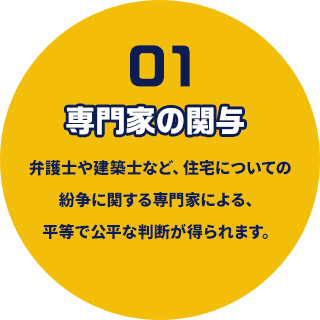 専門家の関与 弁護士や建築士など、住宅についての紛争に関する専門家による、平等で公平な判断が得られます。